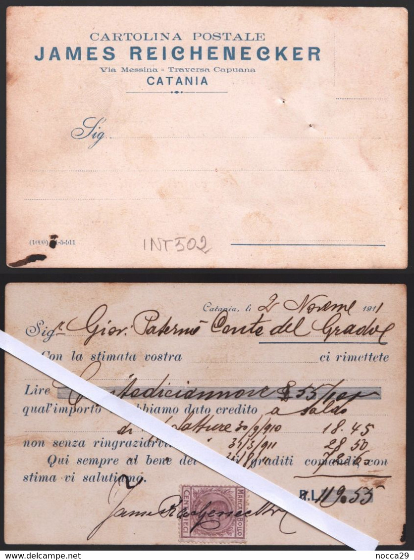 CATANIA 1911 CARTOLINA INTESTATA JAMES REICHENECKER (ORA SAPUPPO) USATA COME RICEVUTA - FIRMA AUTOGRAFA  (INT502) - Vignes