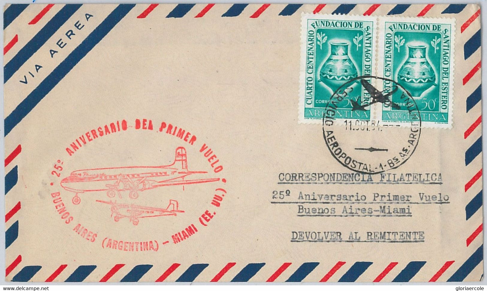 50164-ARGENTINA-AIRMAIL COVER25th Anniversary Of First Flight Buenos Aires/Miami - Buenos Aires (1858-1864)