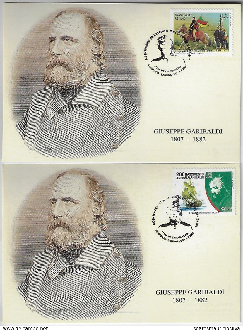 Brazil 2007 Complete Series 2 Maximum Card Bicentenary Of Birth Of Giuseppe Garibaldi General Italy Freemasonry - Tarjetas – Máxima