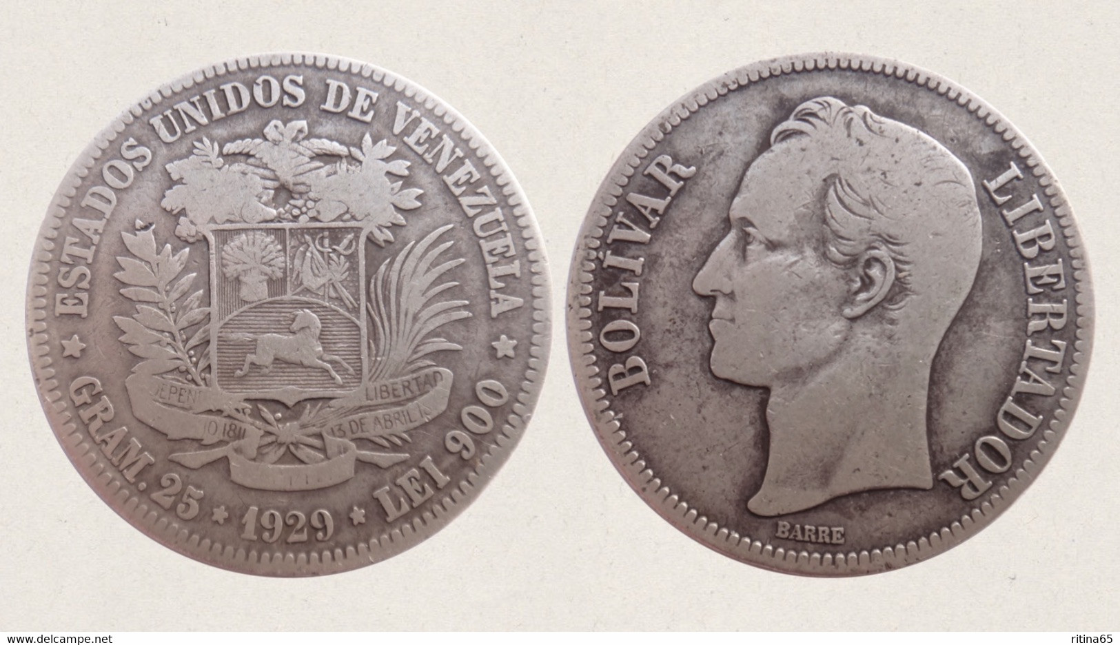 VENEZUELA 5 BOLIVARES 1929 IN ARGENTO - Venezuela