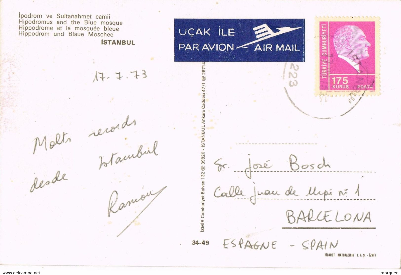 47087. Postal Aerea ISTAMBUL (Turquia) 1973. Mezquita Azul Y Obelisco Egipcio - Briefe U. Dokumente