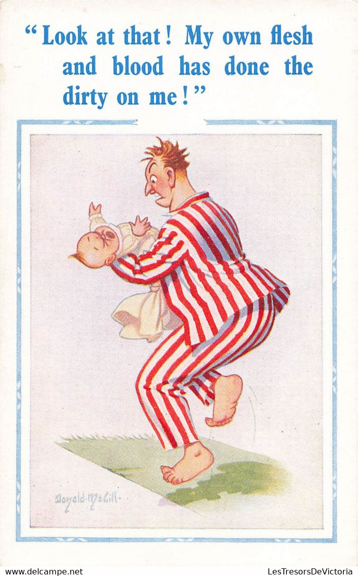 CPA Illustrateur Donald Mac Gill - Humour - Pere En Pyjama Rayé Et Son Fils Dans Les Bras - Mc Gill, Donald