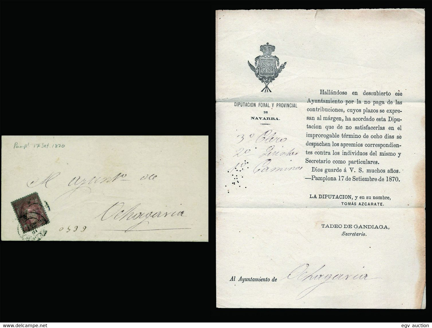 España - Edi O 102 - Carta Impresa (Diputación Foral De Navarra) Circulada A Ochagavía 17/9/70 - Briefe U. Dokumente