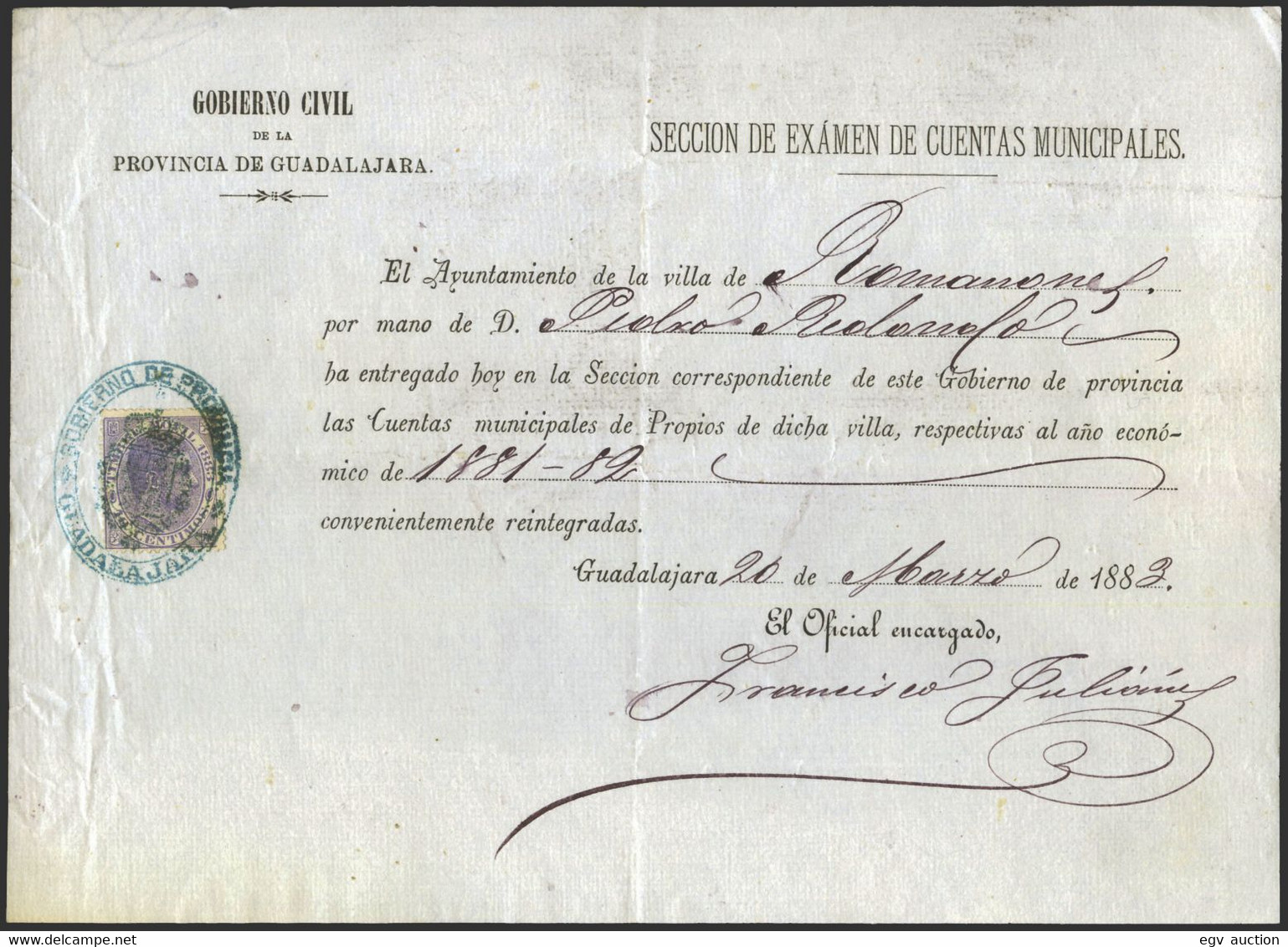 España - 1883 - Documento De "Cuentas Municipales Del Ayuntamiento De Romanones (Guadalajara)" + Especial Móvil 10cts. - Covers & Documents