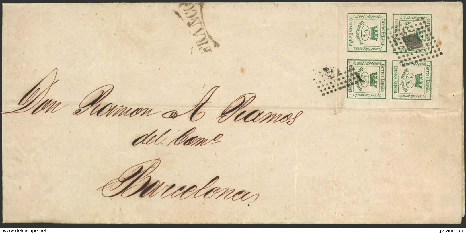 España - Edi O 130 - Carta Con Texto Impreso Madrid 25/1/1876 A Barcelona + Marca "Franco" En El Frontal - Covers & Documents