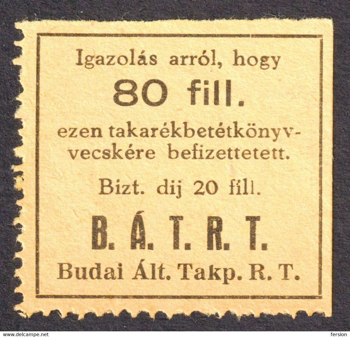 BUDA Bank / Money Savings Stamp Vignette Label Cinderella Revenue Tax 1920's HUNGARY Budai Általános Takarékpénztár - Steuermarken