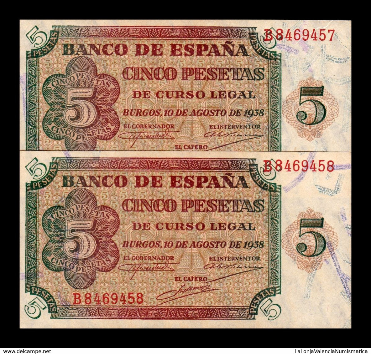 España Spain Pareja 5 Pesetas Burgos 1938 Pick 110 Serie B SC UNC - 5 Pesetas