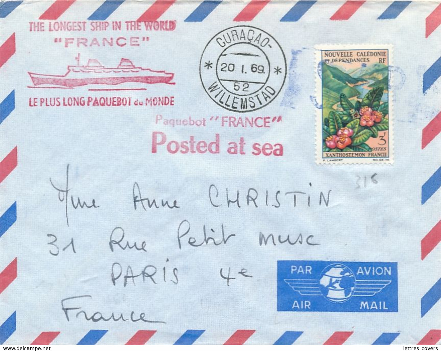 Nouvelle Calédonie 3f + CàD " CURAÇAO WILLEMSTAD 20/1/69 " Lettre Postée à Bord Paquebot " FRANCE " Seapost Maritime - Briefe U. Dokumente