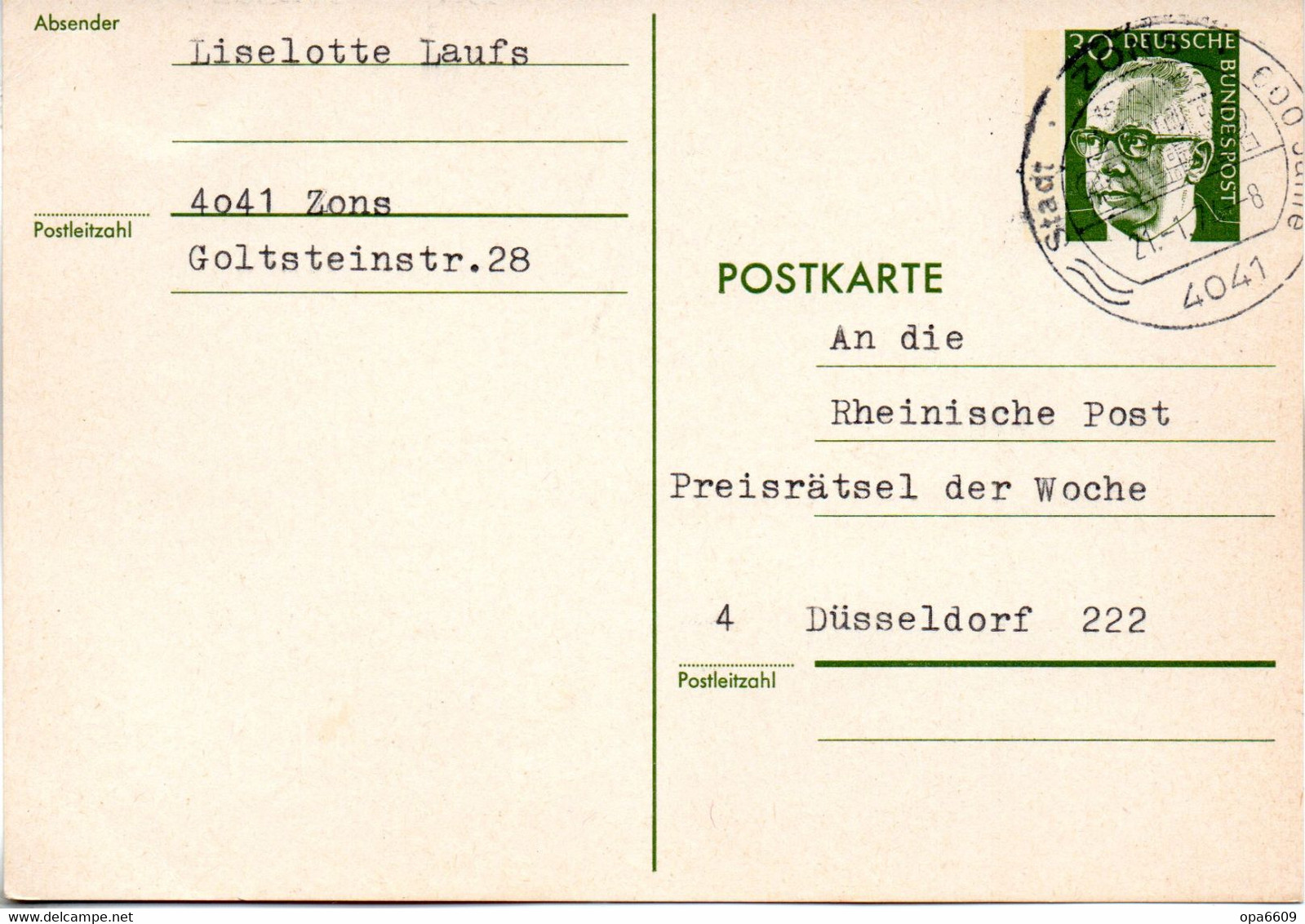BRD Amtl.Ganzs.-Postkarte  P 110a WSt."Bundespräsident Dr. Gustav Heinemann" 30 (Pf) Grün, SSt 21.1.74 ZONS - Postkarten - Gebraucht