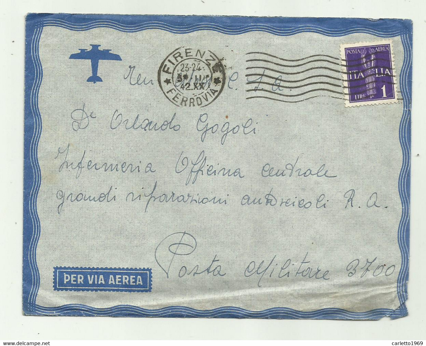 FRANCOBOLLO LIRE 1 SU BUSTA VIA AEREA 1942 CON LETTERA PM 3700 - Airmail