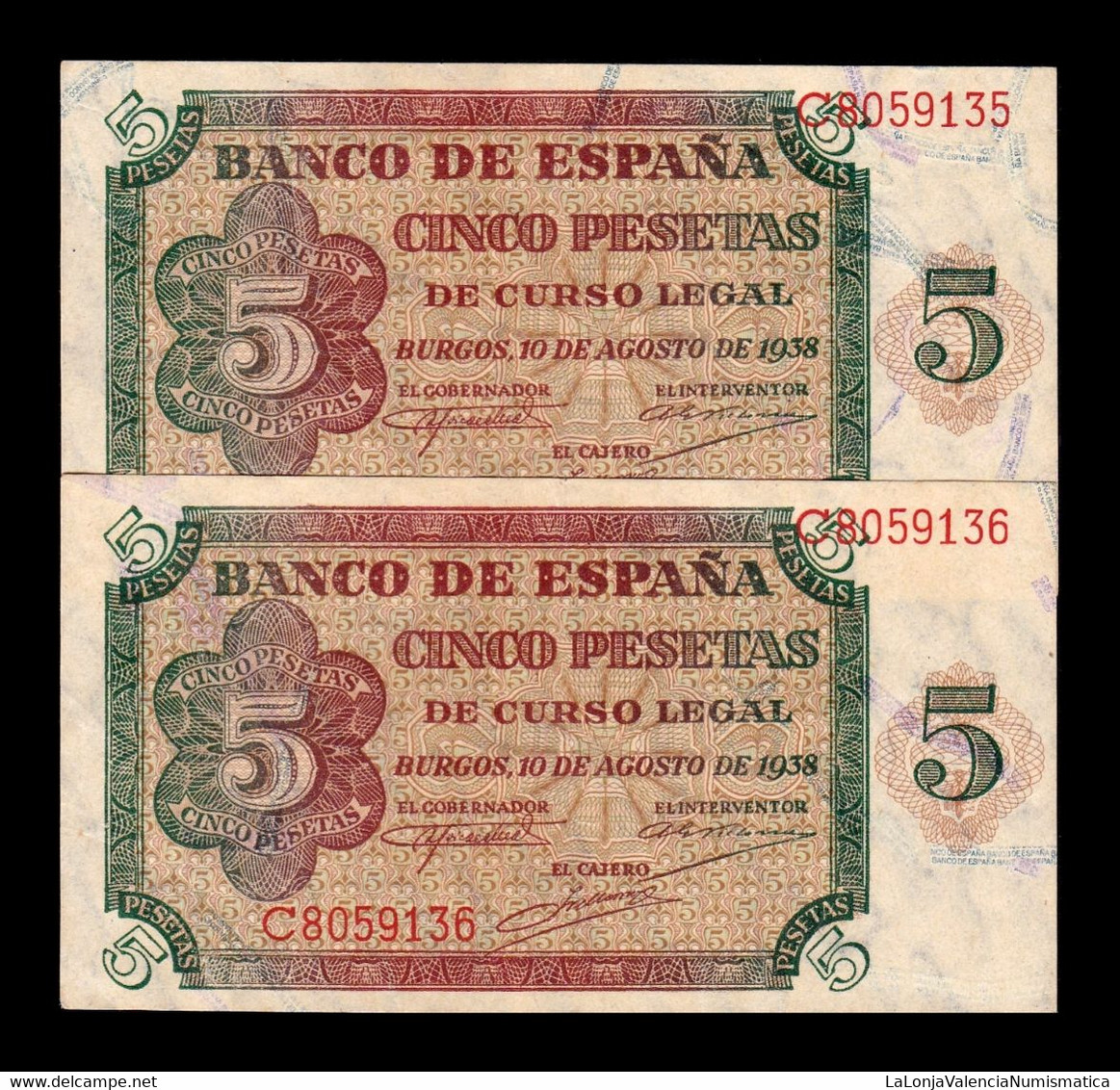 España Spain Pareja 5 Pesetas Burgos 1938 Pick 110 Serie C EBC/+ XF/+ - 5 Pesetas