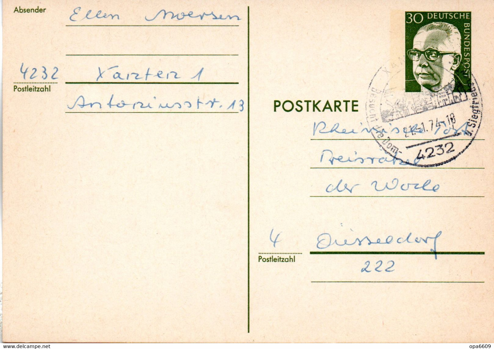 BRD Amtl.Ganzs.-Postkarte  P 110a WSt."Bundespräsident Dr. Gustav Heinemann" 30 (Pf) Grün, SSt 21.1.74 XANTEN 1 - Postkarten - Gebraucht