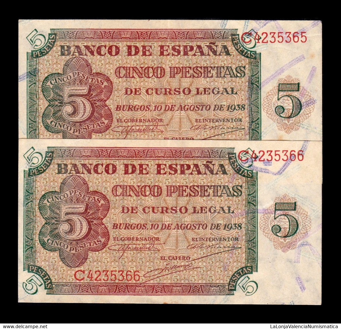 España Spain Pareja 5 Pesetas Burgos 1938 Pick 110 Serie C EBC/+ XF/+ - 5 Pesetas