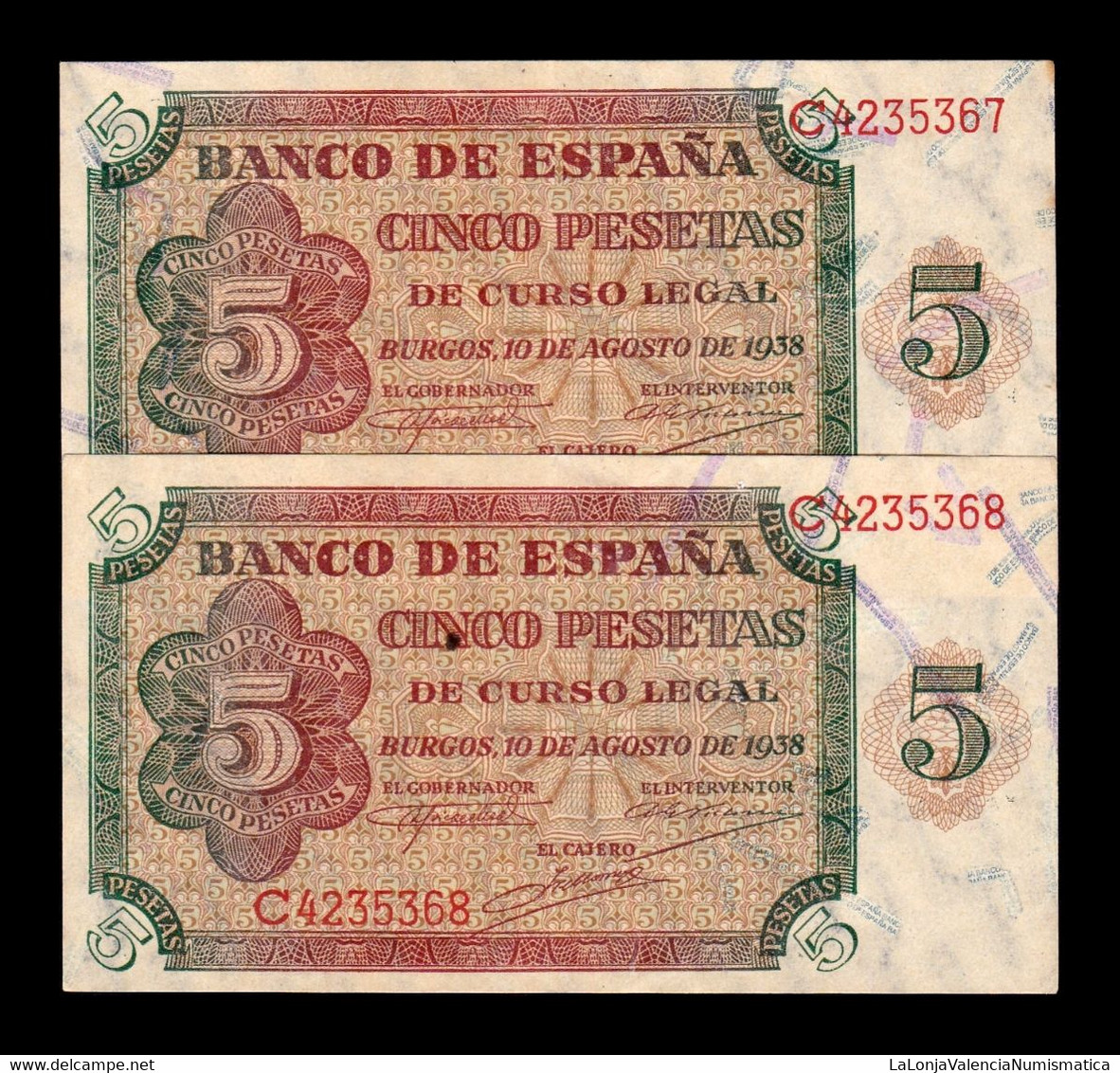 España Spain Pareja 5 Pesetas Burgos 1938 Pick 110 Serie C EBC/+ XF/+ - 5 Pesetas