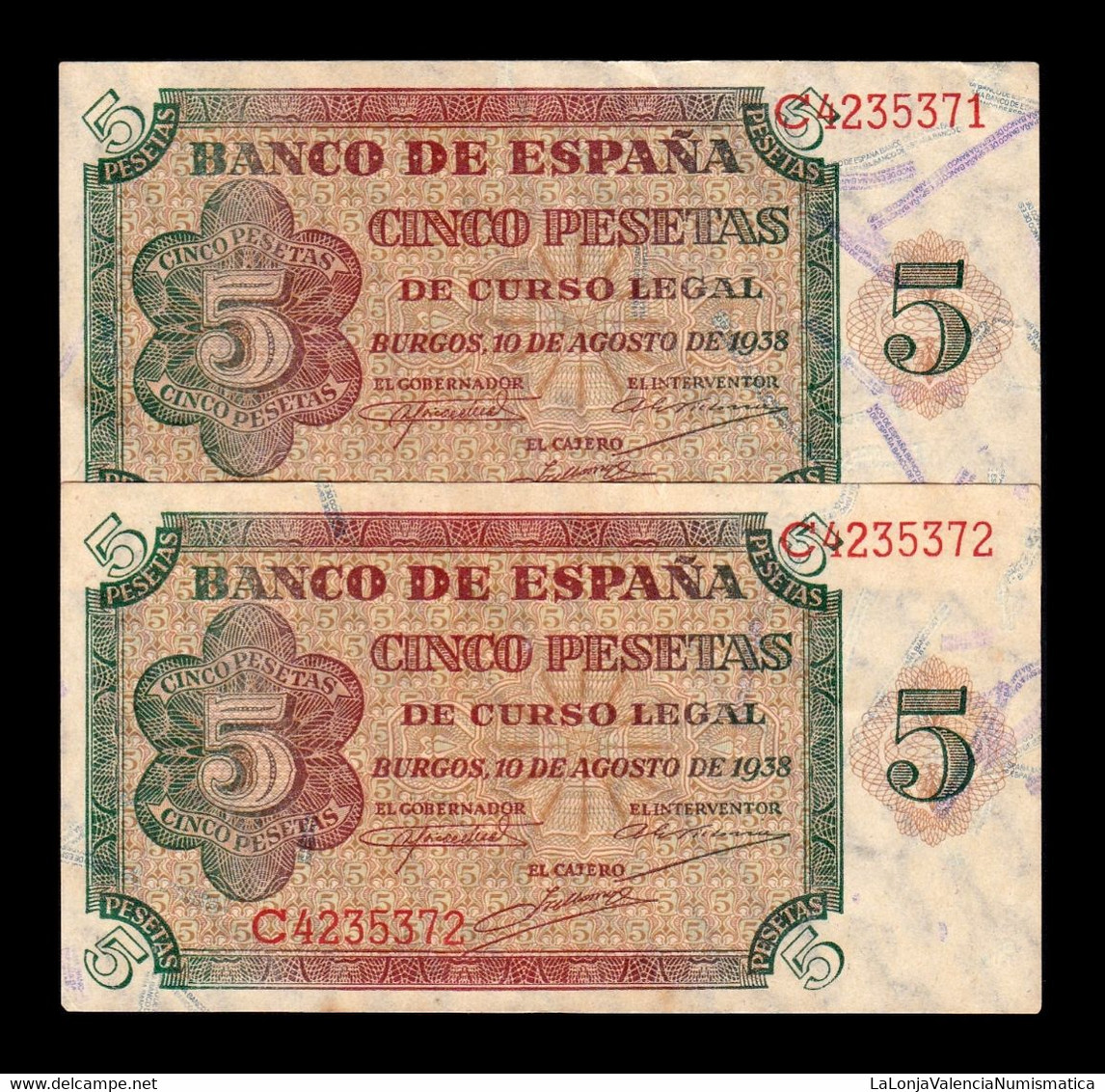 España Spain Pareja 5 Pesetas Burgos 1938 Pick 110 Serie C EBC/+ XF/+ - 5 Pesetas