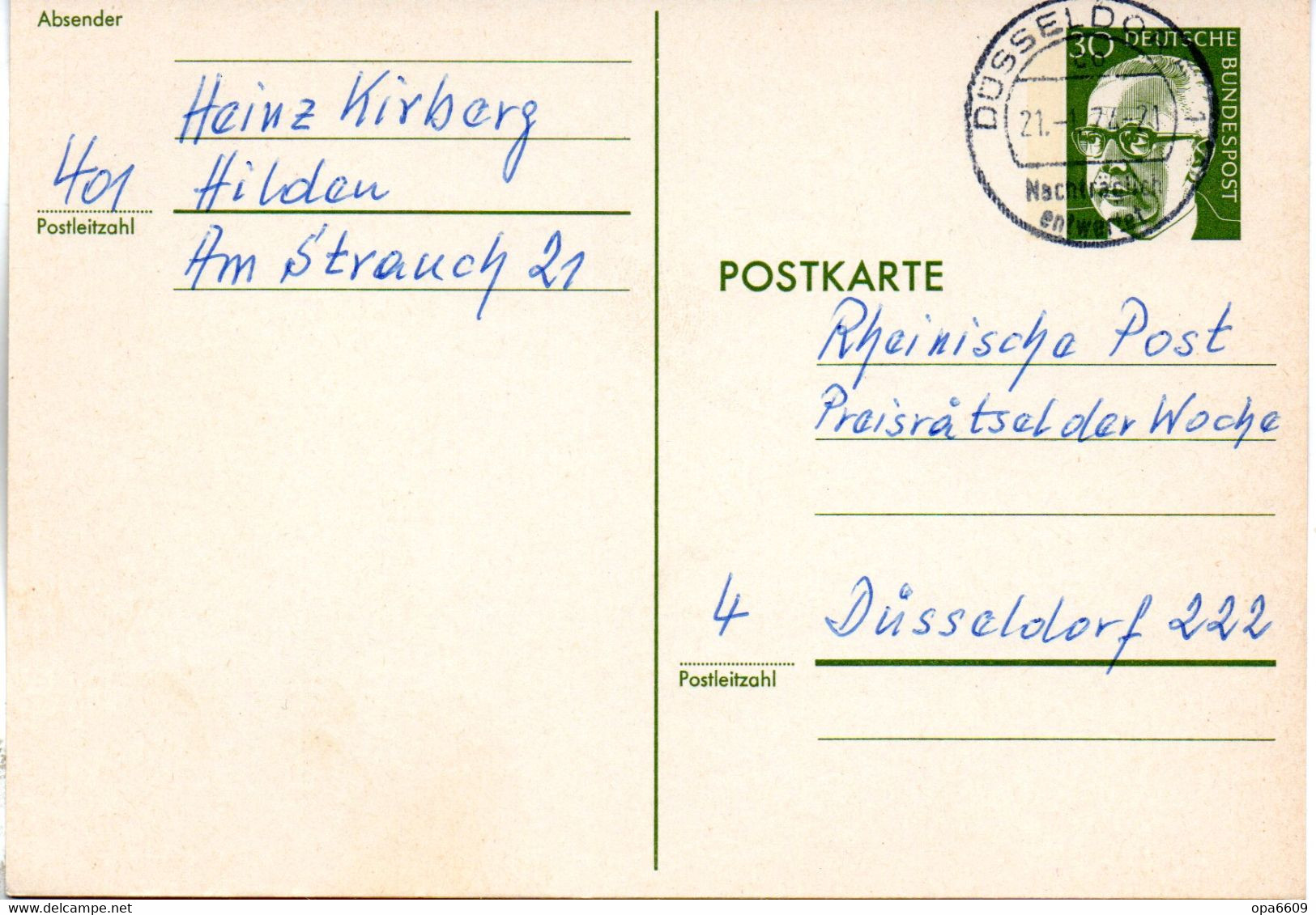 BRD Amtl.Ganzs.-Postkarte  P 110a WSt."Bundespräsident Dr. Gustav Heinemann" 30 (Pf) Grün, TSt 21.1.74 DÜSSELDORF - Postkarten - Gebraucht