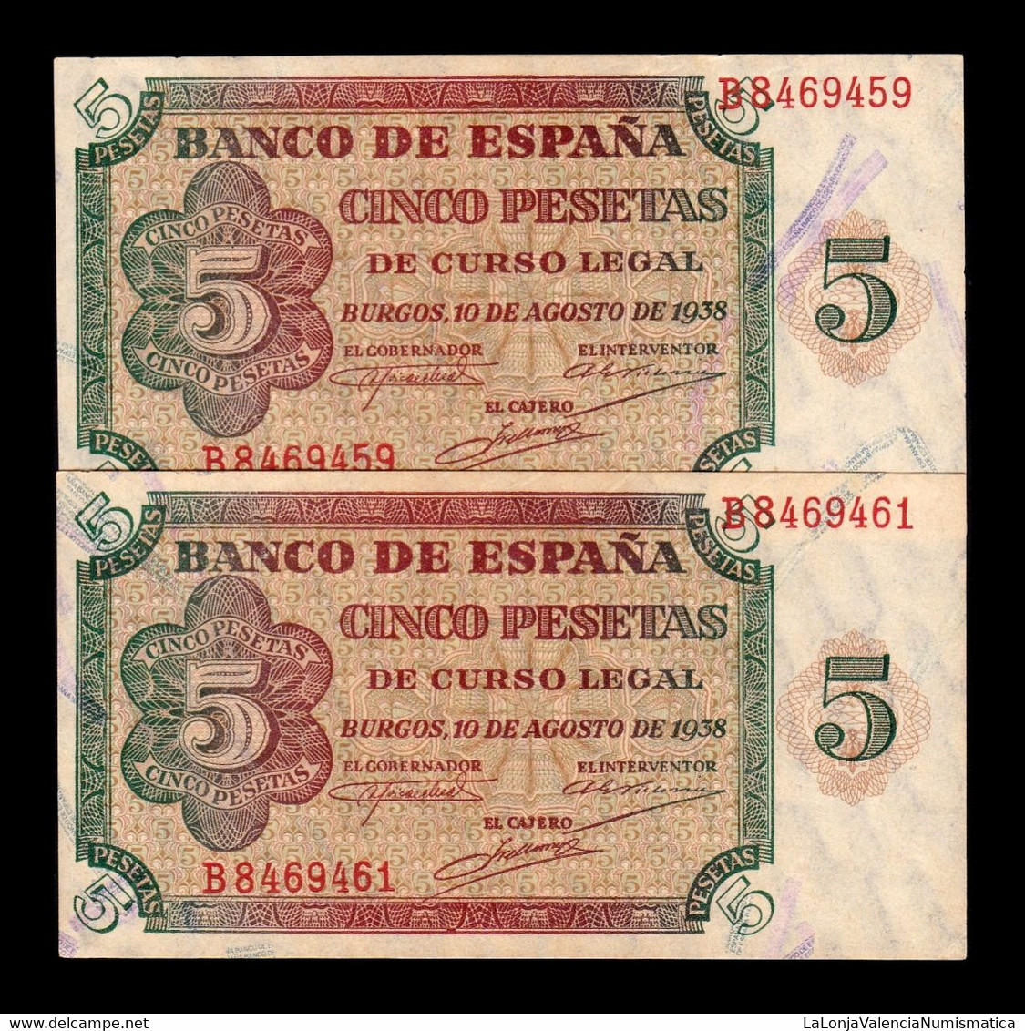 España Spain Pareja Impares 5 Pesetas Burgos 1938 Pick 110 Serie B EBC/+ XF/+ - 5 Pesetas