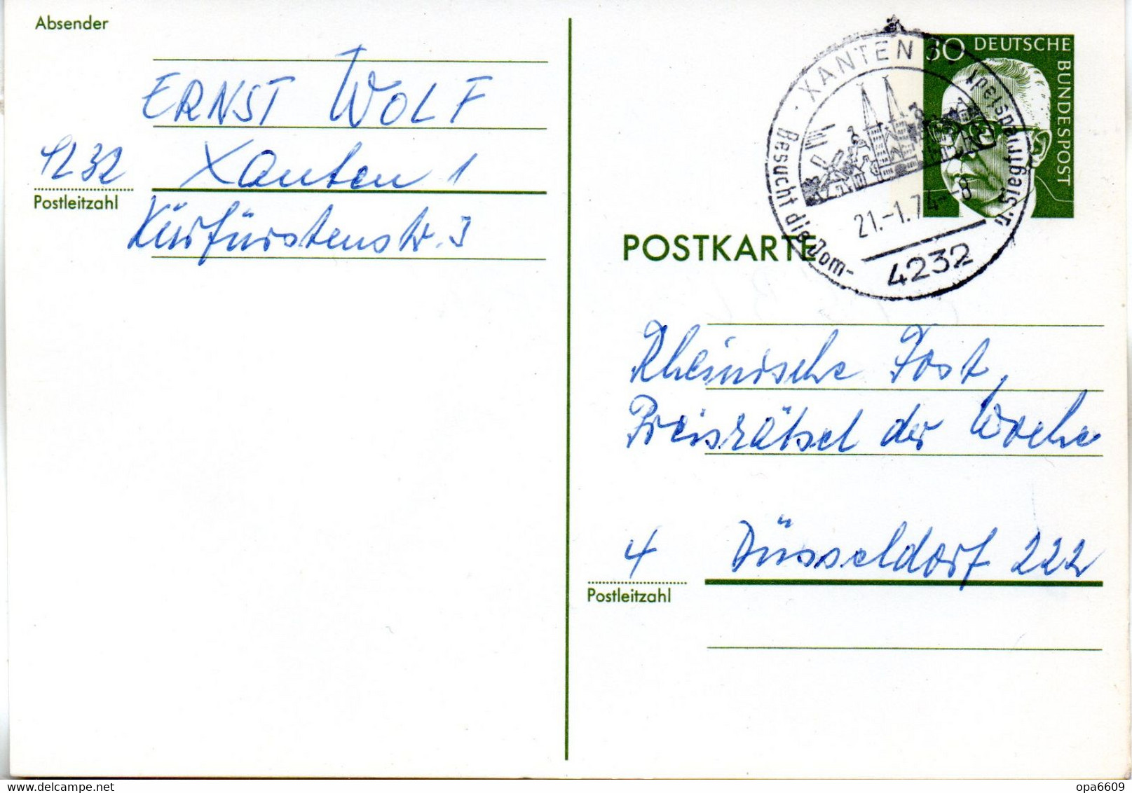 BRD Amtl.Ganzs.-Postkarte P 110b WSt."Bundespräsident Dr. Gustav Heinemann" 30 (Pf) Grün, SSt 21.1.74 XANTEN - Postkarten - Gebraucht