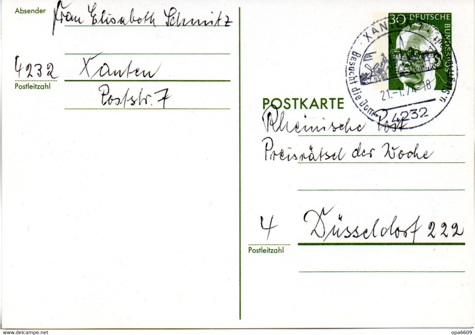 BRD Amtl.Ganzs.-Postkarte P 110b WSt."Bundespräsident Dr. Gustav Heinemann" 30 (Pf) Grün, SSt 21.1.74 XANTEN - Postkarten - Gebraucht