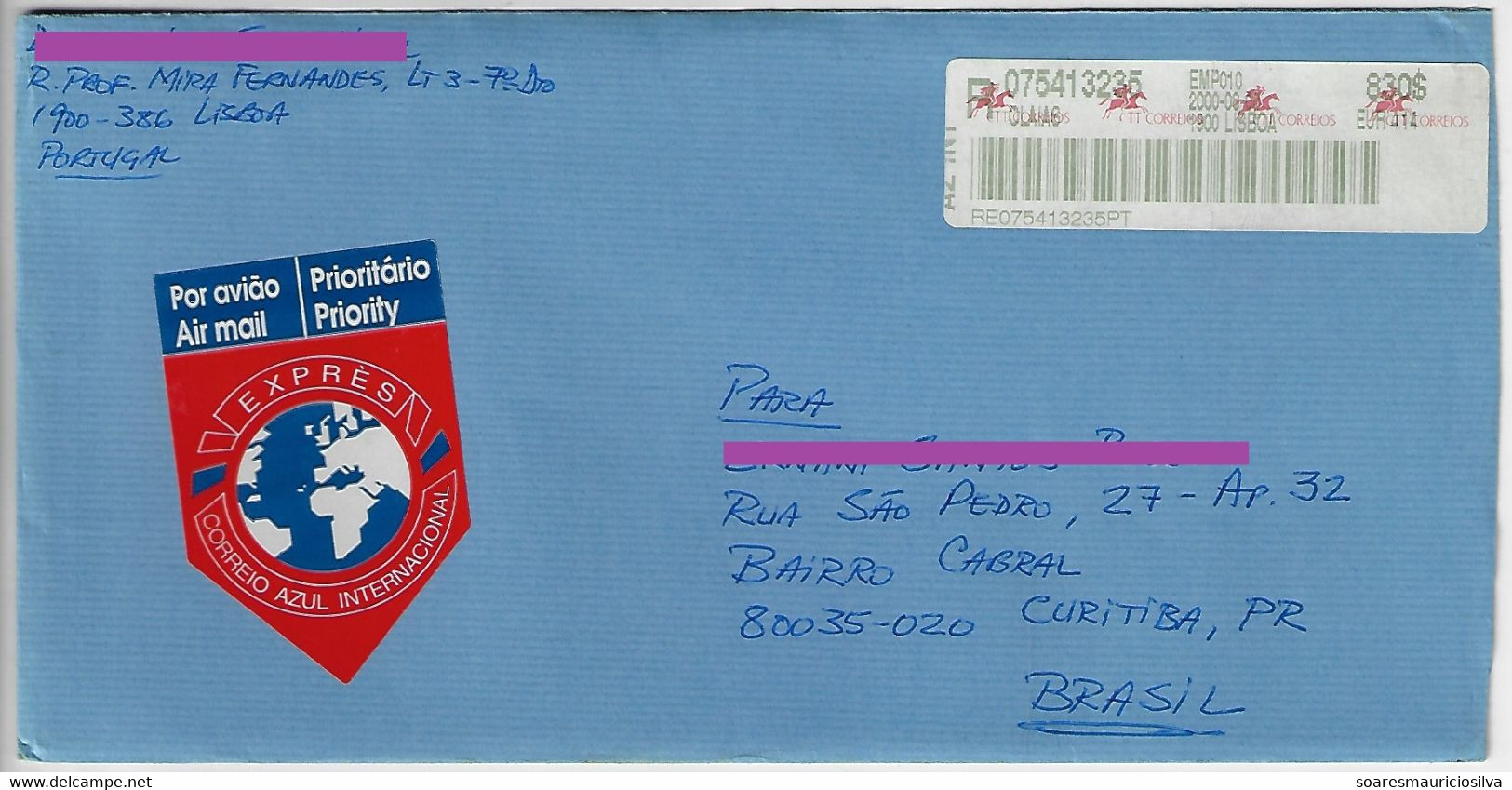 Portugal 2000 Barcode Label Registered Airmail Cover Express International Blue Mail Lisboa Olaias To Brazil Meter Stamp - Brieven En Documenten