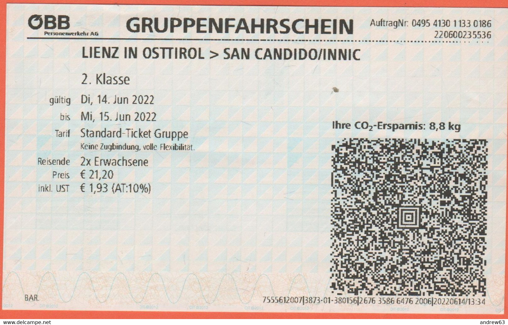 AUSTRIA - ÖSTERREICH - OBB - Lienz In Osttirol-San Candido - Biglietto Collettivo X 2 Adulti - Usato - Europe