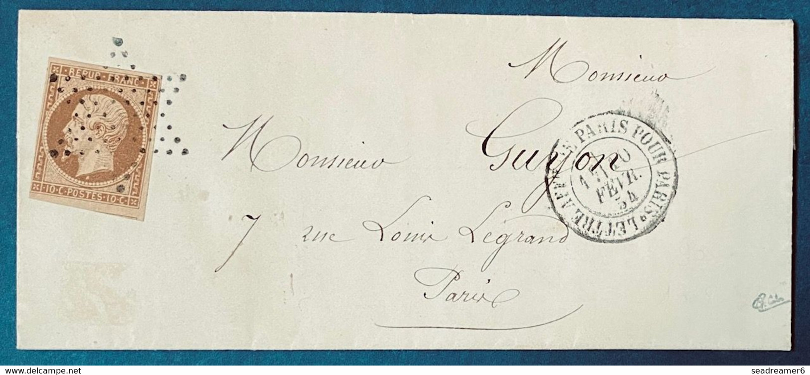 Lettre Presidence N°9 10c Bistre Brun Obl étoile Pleine + Dateur "lettre Affie DE PARIS POUR PARIS" Belles FRAPPES Signé - 1852 Louis-Napoleon