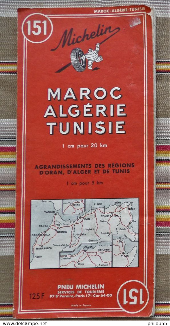 Carte Routiere MAROC ALGERIE TUNISIE  MICHELIN 1953 N° 151 - Cartes Routières