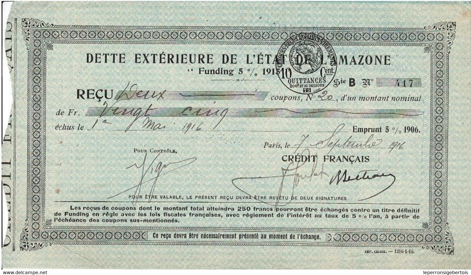 - Titre De 1916 - Dette Extérieure De L'Etat De L'Amazone  "Funding 5% 1915" - - A - C