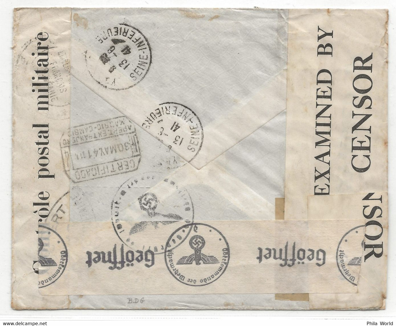 WW2 1941 ETABLISSEMENTS OCEANIE Ile TAHITI PAPEETE > FRANCE Yvetot Via US Examiner C.70 & MADRID & MUNICH Germany Censor - Covers & Documents