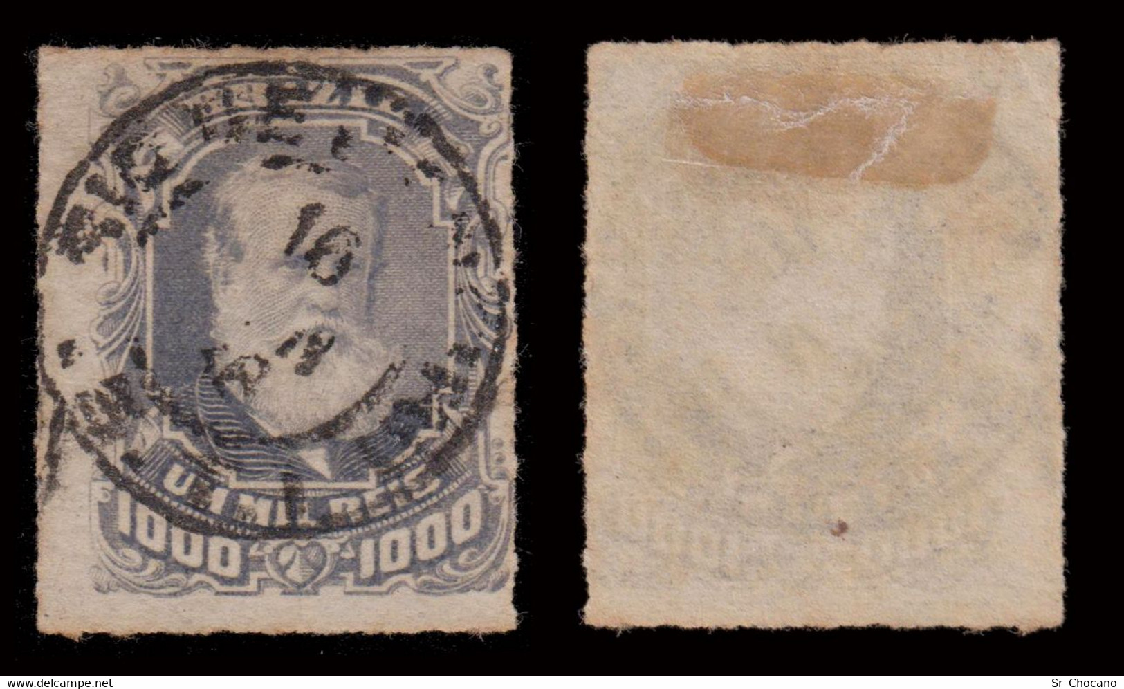 BRAZIL.1878-9.PEDRO II.1000r.SCOTT 77.USED.ROULETTED - Nuevos