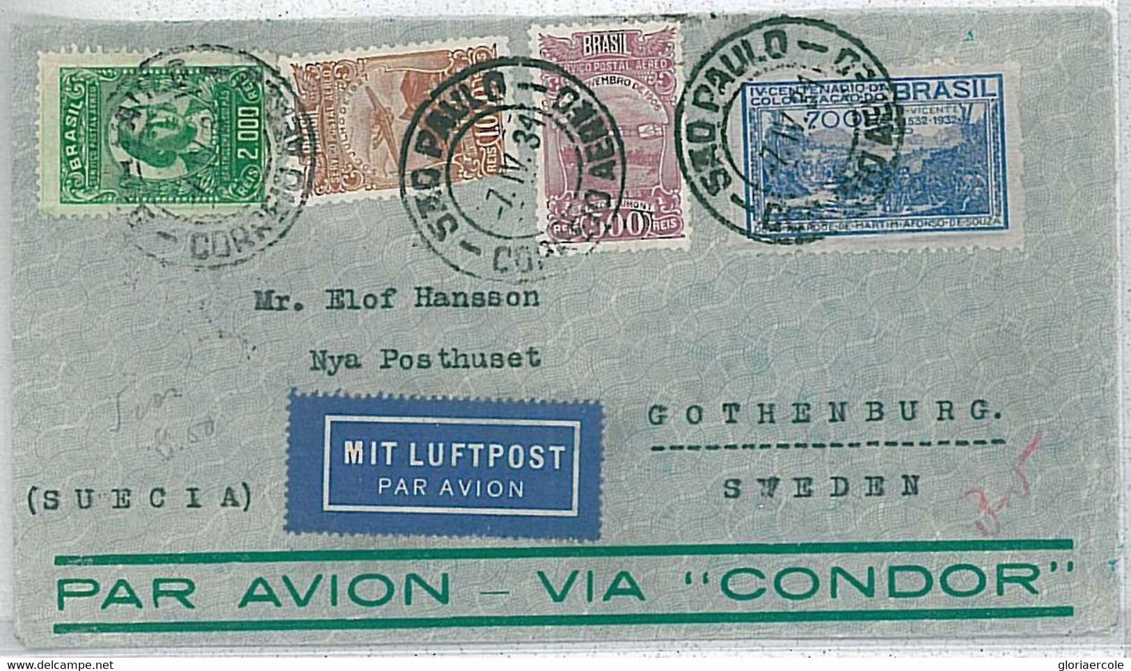 27419 - BRAZIL -  POSTAL HISTORY - AIRMAIL COVER To SWEDEN 1934 - Otros & Sin Clasificación