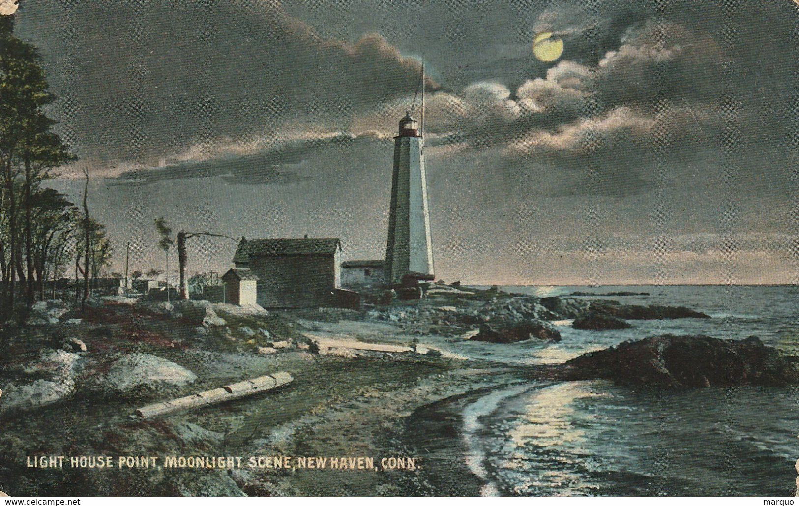 Connecticut  New Haven Light House Moonlight Scene 1910 - New Haven