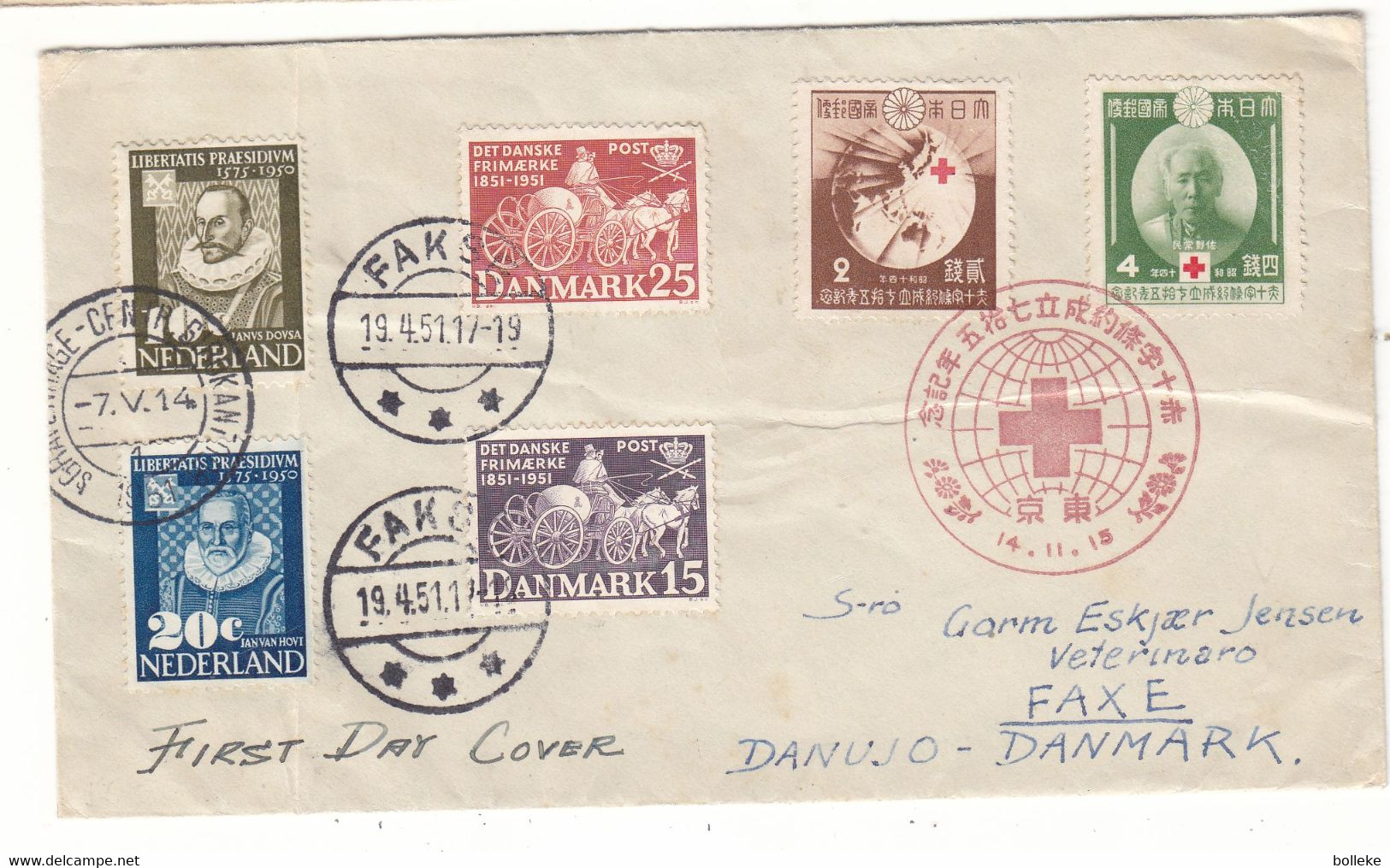 Croix Rouge - Japon - Danemark - Pays Bas - Lettre De 1951 - Avec 3 Oblitérations - Exp Vers Le Danemark - - Lettres & Documents