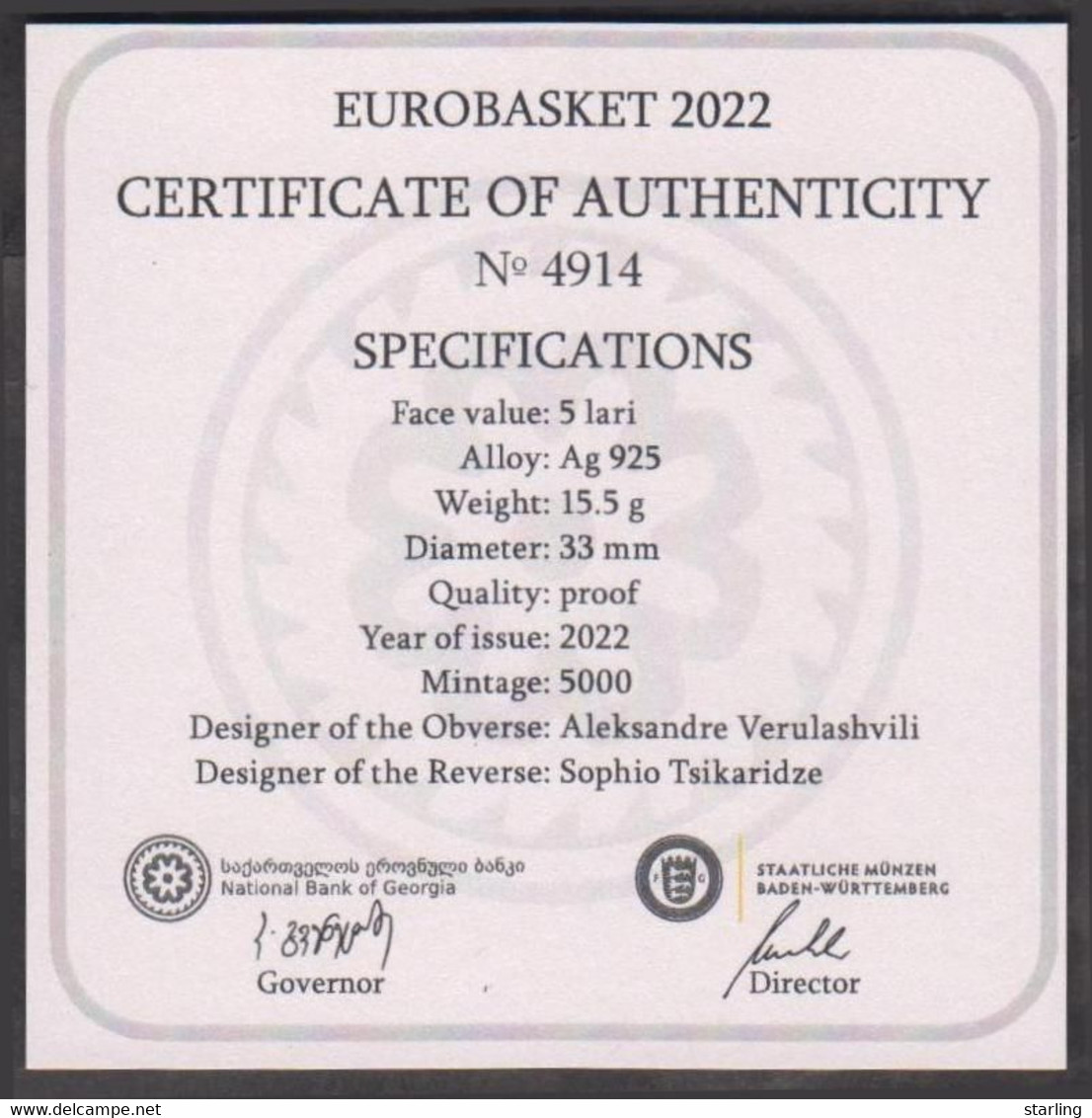 Georgia 2022 EuroBasket Collector Coin Silver Proof   See Description Please - Georgia