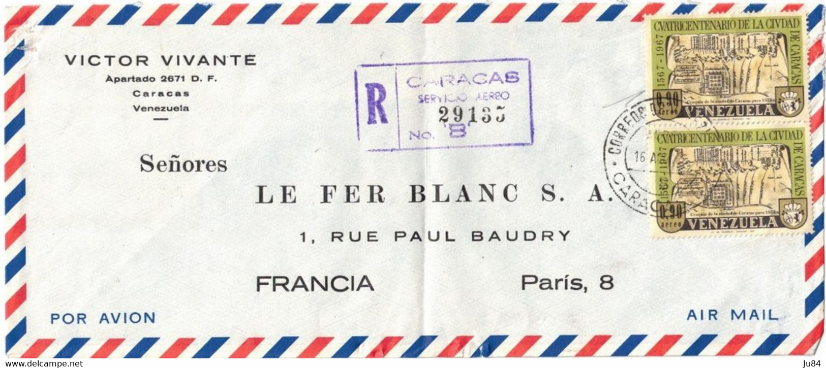 Venezuela - Caracas - Lettre Avion Recommandée Pour Paris (France) - 16 Août 1967 - Venezuela