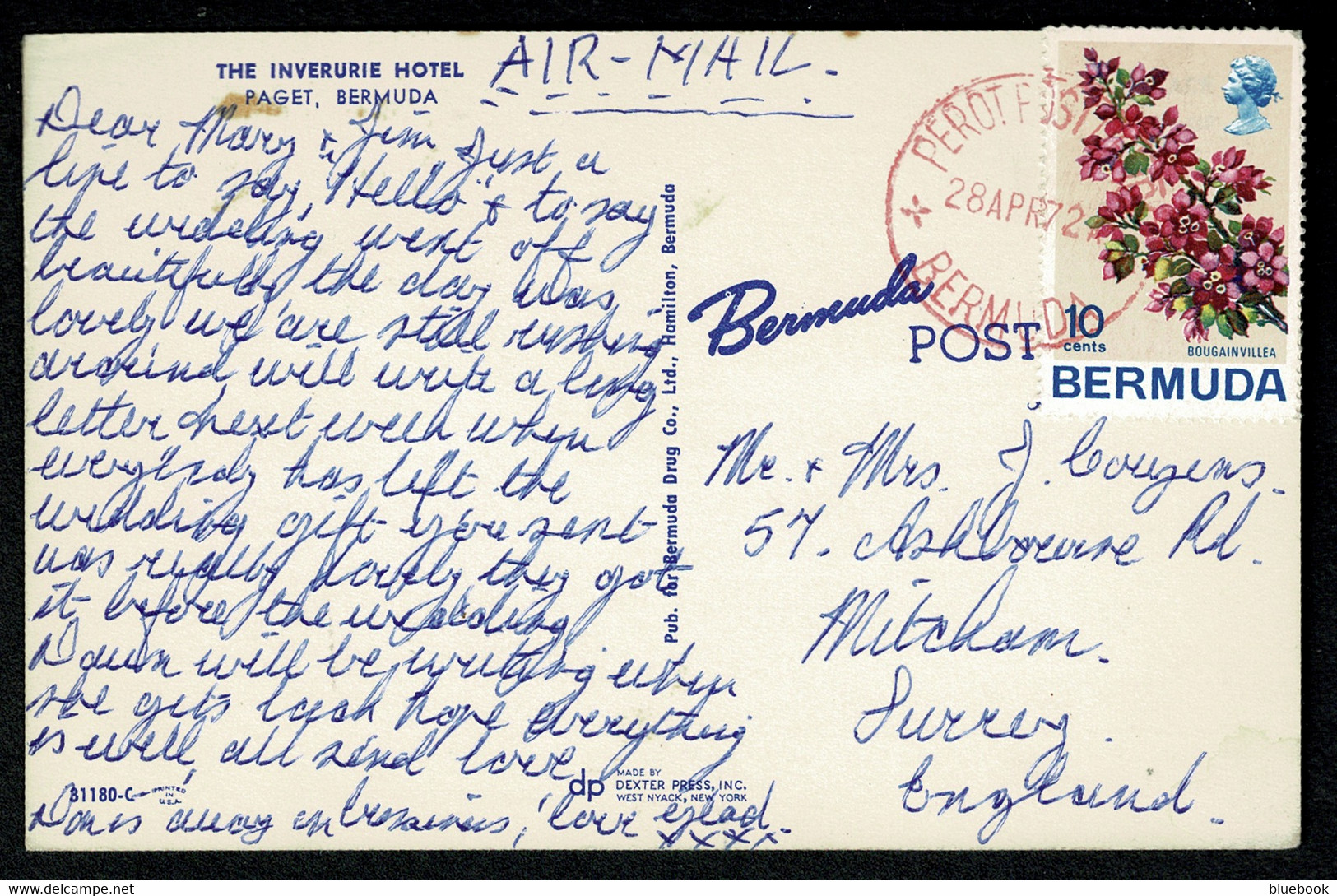 Ref 1576 - 1972 Postcard - Inverurie Hotel - Paget Bermuda - Red Perot Post Office Cancel - Bermudes