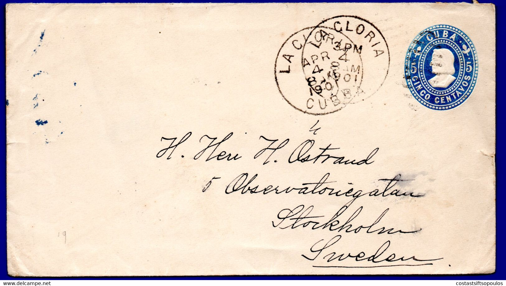 1098.CUBA.1901 5 C. STATIONERY, LA GLORIA TO SWEDEN,VERY SCARCE,SMALL TEAR AT RIGHT. - Lettres & Documents