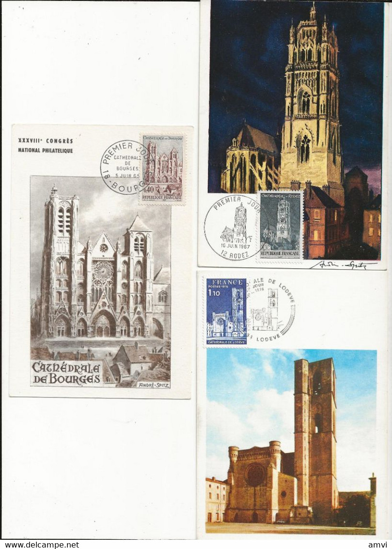 22-10-3080 3 Cartes Cathedrales Lodeve 1976 Rodez 1967 Bourges 1965 - Collections, Lots & Series