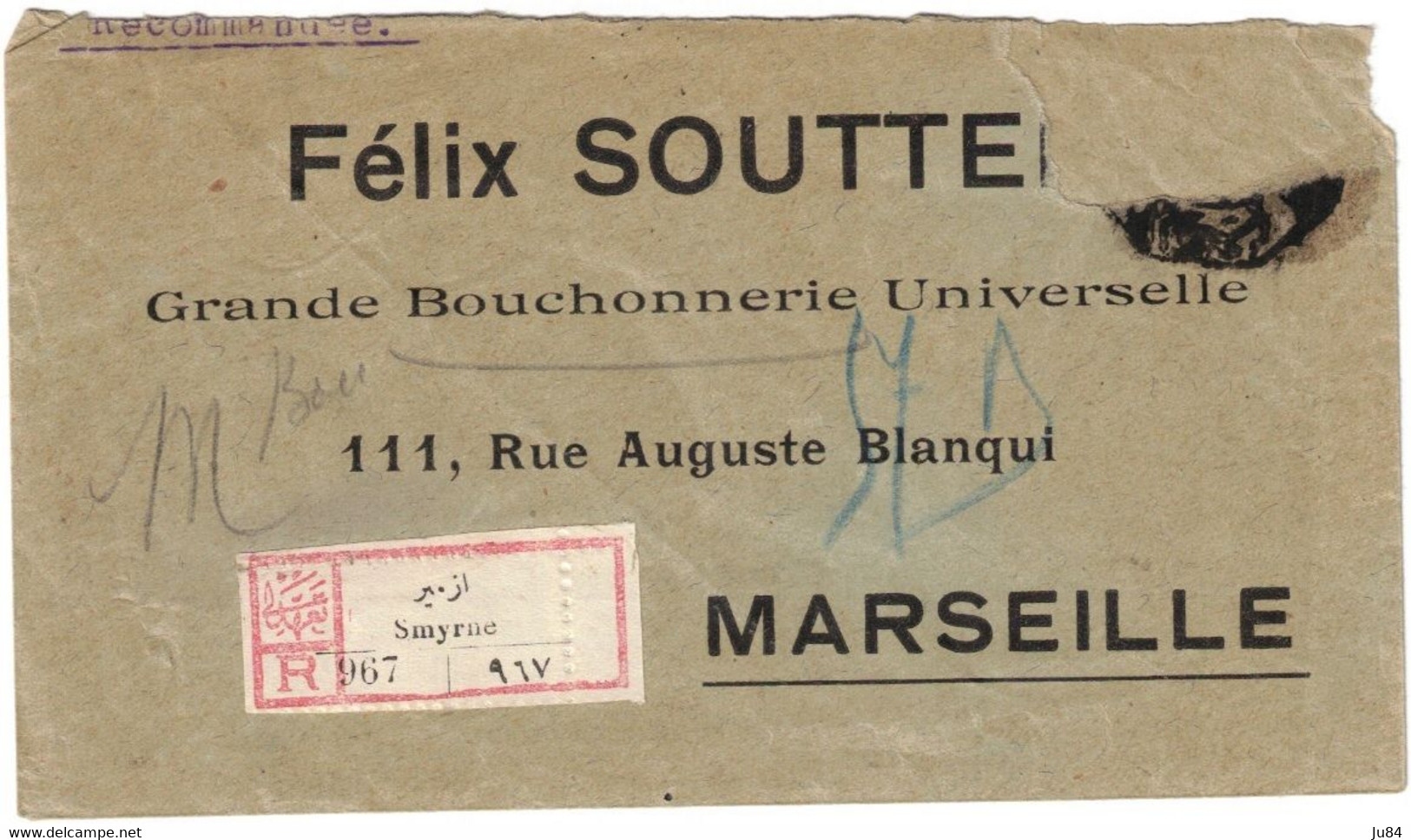 Turquie - Smyrne - Morceau De Lettre Recommandée Pour Marseille (France) - Affranchissement Au Dos - 1928 - 1837-1914 Smyrna
