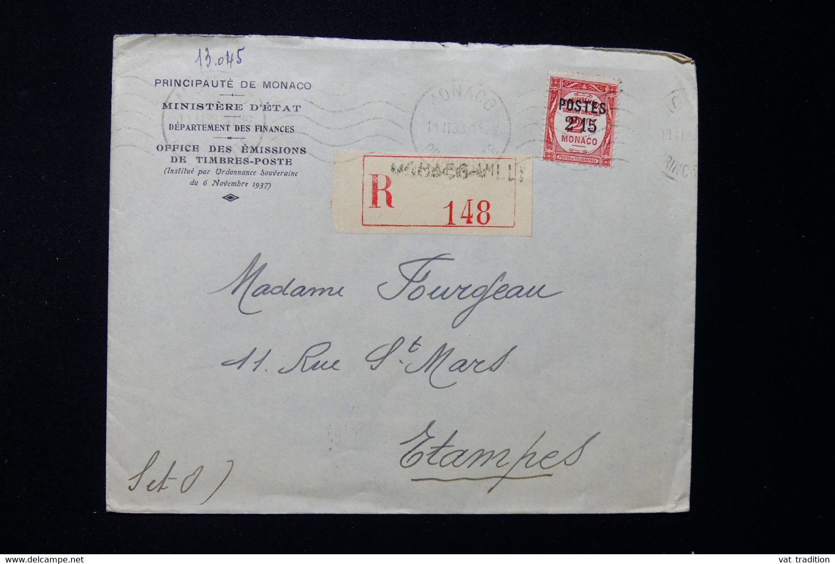 MONACO - Enveloppe Du Ministère D'Etat En Recommandé Pour Etampes En 1938, Affranchissement Surchargé - L 132322 - Lettres & Documents