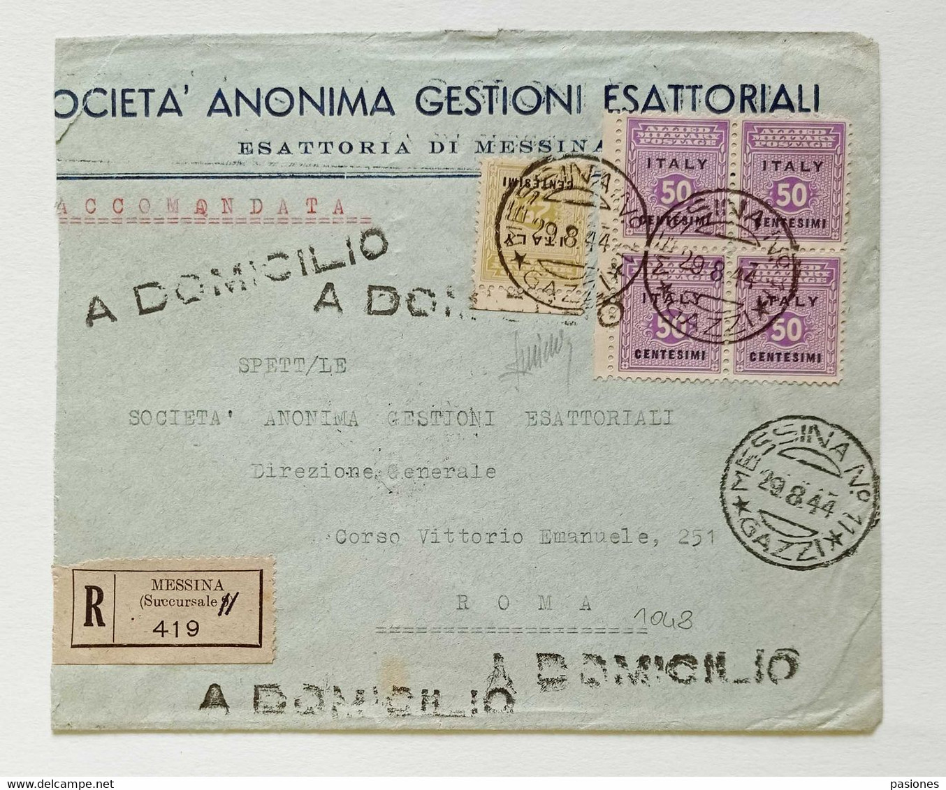 Busta Di Lettera Raccomandata Da Messina Per Roma 29/08/1944 Occupazione Anglo-Americana Della Sicilia - Anglo-american Occ.: Sicily