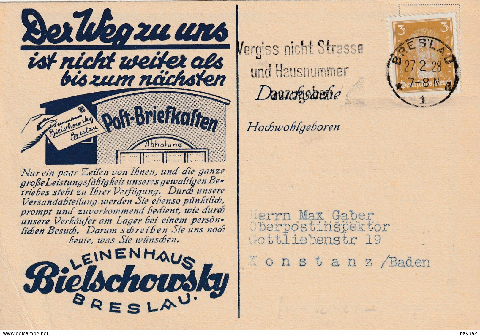 PL416 --   BRESLAU  --    POSTKARTE  --  BIELSCHOWSKY  --  1928  --  N. SCHLESIEN - Altri & Non Classificati