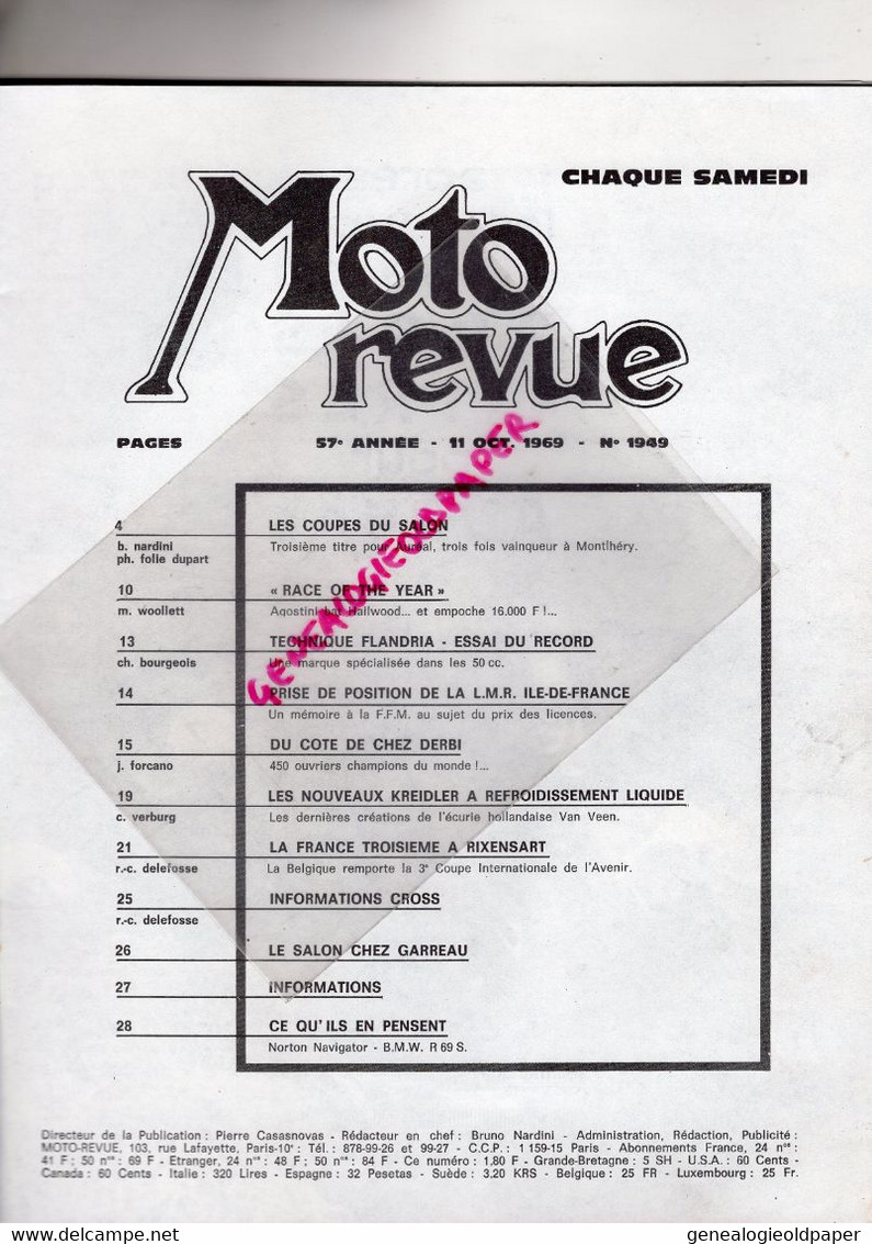 MOTO REVUE-1969- N° 1949-NORTON COMMANDO-BMW-MONTMHERY-AGOSTINI BAT HAILWOOD-FLANDRIA-BERBI-KREIDLER-RIXENSART-CROSS - Motorfietsen