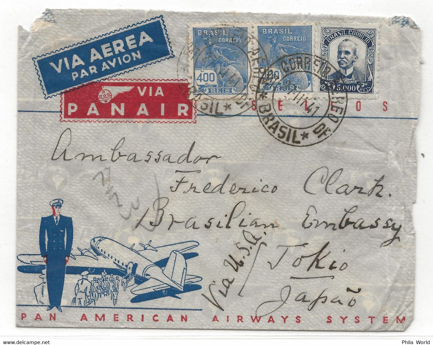 PANAIR PANAM 1941 WW2 Air Mail Cover BRAZIL To JAPAN Tokio Tokyo Brasilian Embassy Via USA VIA AEREA PAR AVION - Avions