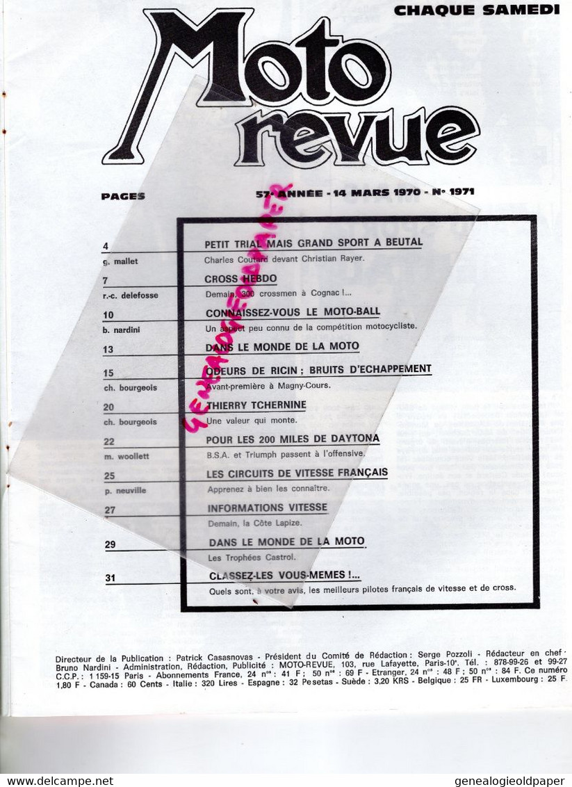 MOTO REVUE- 1970-N° 1971-BSA TRIUMPH-DAYTONA-NORTON-TRIAL BEUTAL-COGNAC-MOTO BALL-MAGNY COURS-THIERRY TCHERNINE-LAPIZE - Motorfietsen