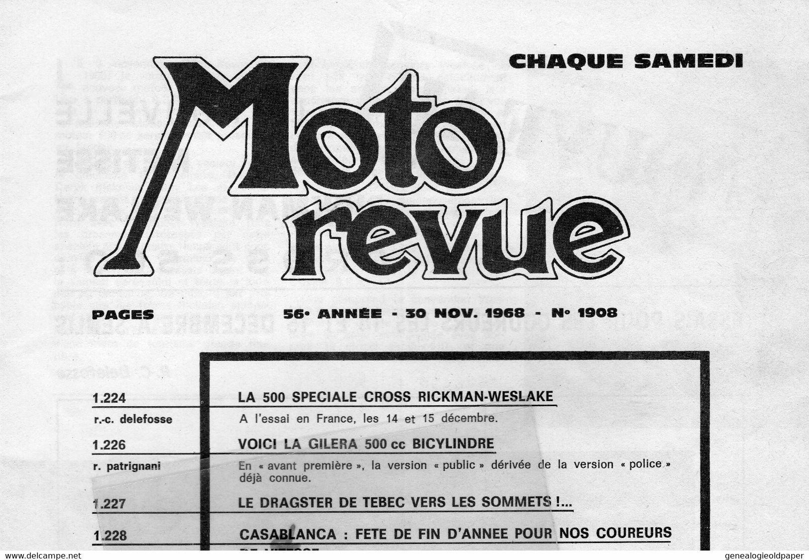 MOTO REVUE-1968-N° 1908-DRESDA TRITON-CROSS RICKMAN WESLAKE-GILERA-DRAGSTER-CASABLANCA-COUPE ARMISTICE-SIDE CAR-FUORI - Motorrad