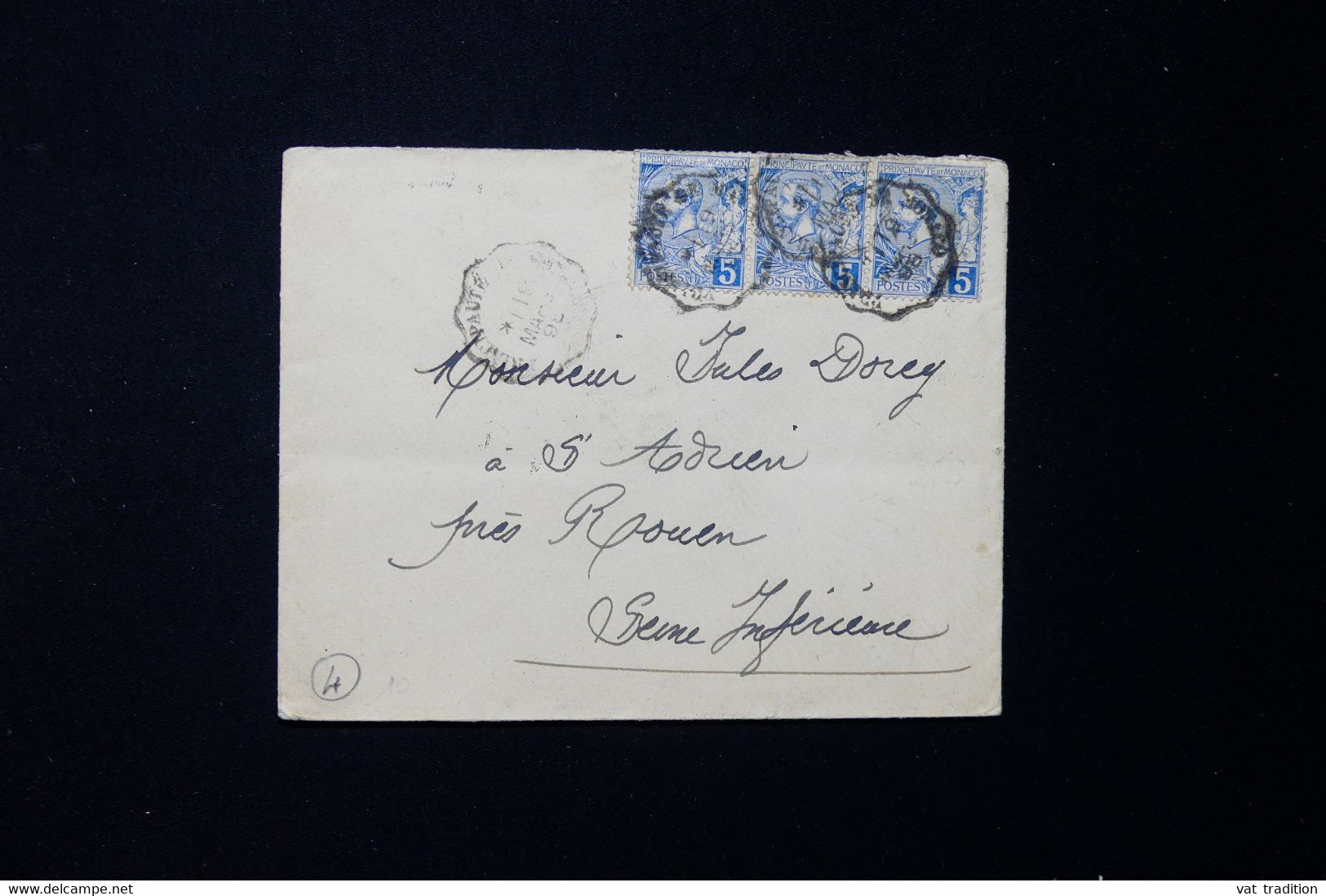 MONACO - Affranchissement Prince Albert 1er En Bande De 3 Sur Enveloppe Pour Rouen En 1898  - L 132327 - Lettres & Documents