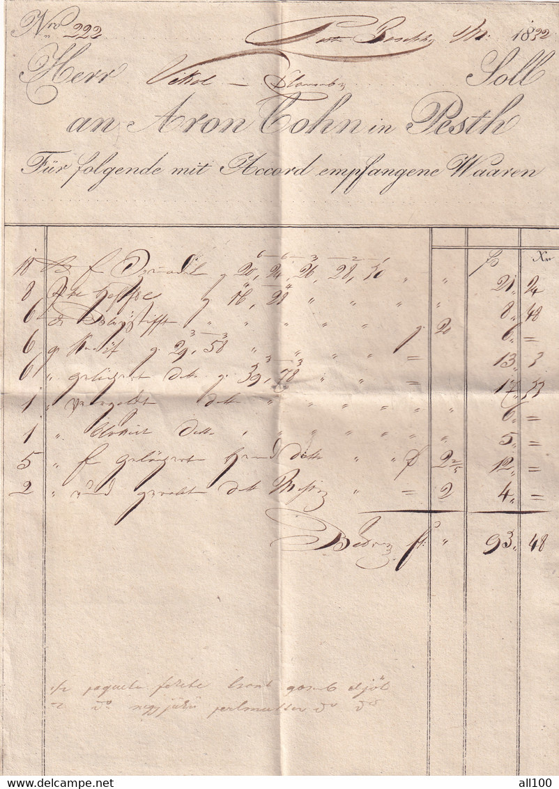 A19445 - INVOICE FROM AUSTRIAN EMPIRE  1832 OLD HANDWRITTEN DOCUMENT HERR VIKOL SOLL AN ARON COHN IN PESTH FUR FOLGENDE - Autriche