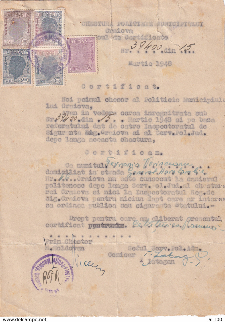 A19446 - ROMANIA STAMPED DOCUMENT 1948 TIMBRU FISCAL 5 LEI 1948 CERTIFICATE CRAIOVA CERTIFICAT POLITIA MUNICIPIULUI - Storia Postale