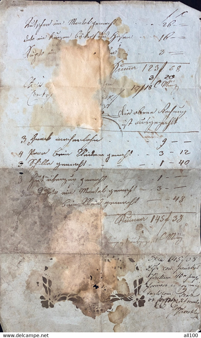 A19454 - INVOICE FROM AUSTRIAN EMPIRE 1842 KLAUSENBUG KOLOZSVAR CLUJ-NAPOCA ROMANIA MANNER KLEIDUNG MEN CLOTHING - Österreich